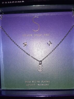 Silver Initial S Necklace and Stud Earring Set